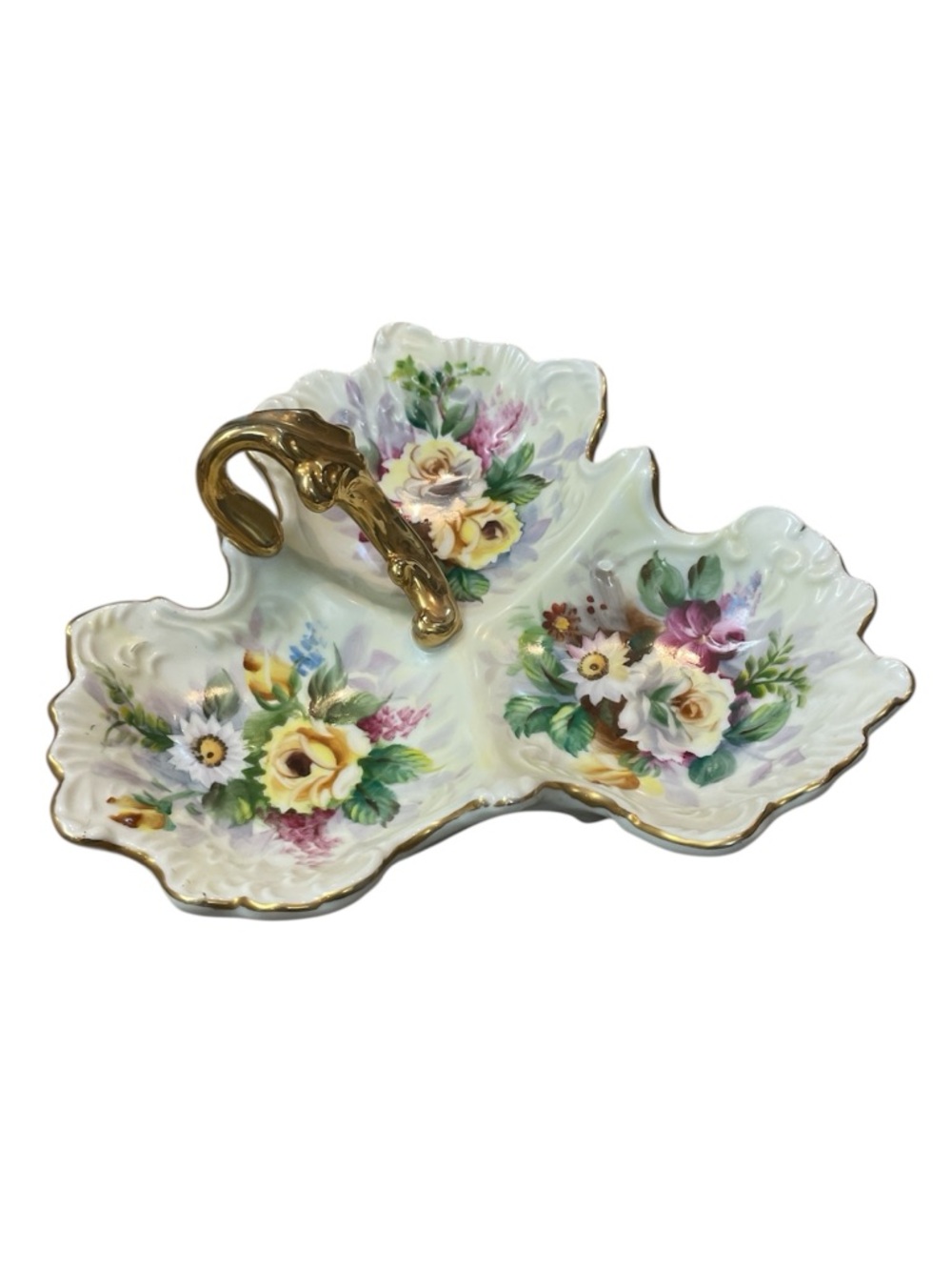 Hand-Painted Porcelain Floral Divided Dish Gold Handle Bon Bon Candy Trinket